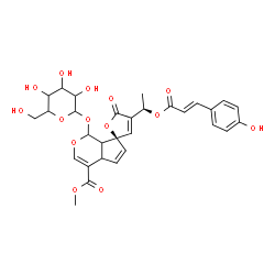 ChemSpider 2D Image | Methyl (7R)-1-(hexopyranosyloxy)-4'-[(1R)-1-{[(2E)-3-(4-hydroxyphenyl)-2-propenoyl]oxy}ethyl]-5'-oxo-4a,7a-dihydro-1H,5'H-spiro[cyclopenta[c]pyran-7,2'-furan]-4-carboxylate | C30H32O14