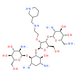 ChemSpider 2D Image | (1R,2R,3S,4R,6S)-4,6-diamino-2-{[3-O-(2,6-diamino-2,6-dideoxy-beta-L-idopyranosyl)-2-O-{2-[(piperidin-3-ylmethyl)amino]ethyl}-beta-D-ribofuranosyl]oxy}-3-hydroxycyclohexyl 2-amino-2-deoxy-alpha-D-glucopyranoside | C31H61N7O14