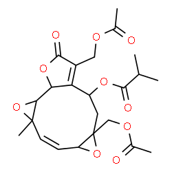 ChemSpider 2D Image | (8Z)-4,6a-Bis(acetoxymethyl)-9a-methyl-3-oxo-1a,1b,3,5,6,6a,7a,9a-octahydrobisoxireno[5,6:9,10]cyclodeca[1,2-b]furan-5-yl 2-methylpropanoate | C23H28O10