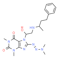 ChemSpider 2D Image | 8-(3,3-Dimethyl-1-triazenyl)-7-(1-hydroxy-2-((1-methyl-3-phenylpropyl)amino)ethyl)-1,3-dimethyl-3,7-dihydro-1H-purine-2,6-dione | C21H30N8O3