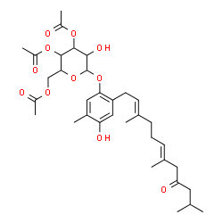 ChemSpider 2D Image | 4-Hydroxy-5-methyl-2-[(2E,6E)-3,7,11-trimethyl-9-oxo-2,6-dodecadien-1-yl]phenyl 3,4,6-tri-O-acetylhexopyranoside | C34H48O11