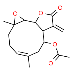ChemSpider 2D Image | 1a,5-Dimethyl-8-methylene-9-oxo-1a,2,3,6,7,7a,8,9,10a,10b-decahydrooxireno[9,10]cyclodeca[1,2-b]furan-7-yl acetate | C17H22O5