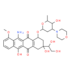 ChemSpider 2D Image | 11-Amino-3-(1,2-dihydroxyethyl)-3,6-dihydroxy-10-methoxy-5,12-dioxo-1,2,3,4,5,12-hexahydro-1-tetracenyl 2,3,6-trideoxy-3-(4-morpholinyl)hexopyranoside | C31H38N2O11