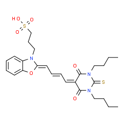 ChemSpider 2D Image | 3-[(2E)-2-[(2Z)-4-(1,3-dibutyl-4,6-dioxo-2-thioxotetrahydropyrimidin-5(2H)-ylidene)but-2-en-1-ylidene]-1,3-benzoxazol-3(2H)-yl]propane-1-sulfonic acid | C26H33N3O6S2