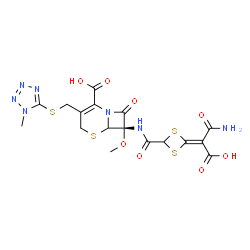ChemSpider 2D Image | (7S)-7-({[4-(2-amino-1-carboxy-2-oxoethylidene)-1,3-dithietan-2-yl]carbonyl}amino)-7-(methyloxy)-3-{[(1-methyl-1H-tetrazol-5-yl)thio]methyl}-8-oxo-5-thia-1-azabicyclo[4.2.0]oct-2-ene-2-carboxylic acid | C17H17N7O8S4