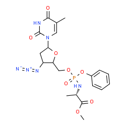 ChemSpider 2D Image | Methyl (2S)-2-{[{[3-azido-5-(5-methyl-2,4-dioxo-3,4-dihydro-1(2H)-pyrimidinyl)tetrahydro-2-furanyl]methoxy}(phenoxy)phosphoryl]amino}propanoate | C20H25N6O8P