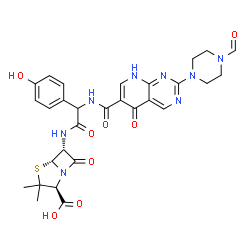 ChemSpider 2D Image | (2S,5R,6R)-6-{[({[2-(4-Formyl-1-piperazinyl)-5-oxo-5,8-dihydropyrido[2,3-d]pyrimidin-6-yl]carbonyl}amino)(4-hydroxyphenyl)acetyl]amino}-3,3-dimethyl-7-oxo-4-thia-1-azabicyclo[3.2.0]heptane-2-carboxyli
c acid | C29H30N8O8S
