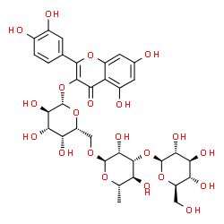 ChemSpider 2D Image | 2-(3,4-Dihydroxyphenyl)-5,7-dihydroxy-4-oxo-4H-chromen-3-yl beta-D-glucopyranosyl-(1->3)-6-deoxy-alpha-L-mannopyranosyl-(1->6)-beta-D-galactopyranoside | C33H40O21