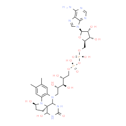 ChemSpider 2D Image | [(2R,3S,4R,5R)-5-(6-Amino-9H-purin-9-yl)-3,4-dihydroxytetrahydro-2-furanyl]methyl (2R,3S,4S)-5-[(1R,3aS)-1,4-dihydroxy-10,11-dimethyl-6-oxo-2,3,5,6,7,7a-hexahydro-1H-benzo[g]pyrrolo[2,1-e]pteridin-8(4
H)-yl]-2,3,4-trihydroxypentyl dihydrogen diphosphate | C30H43N9O16P2