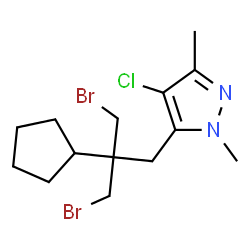 ChemSpider 2D Image | 5-[3-Bromo-2-(bromomethyl)-2-cyclopentylpropyl]-4-chloro-1,3-dimethyl-1H-pyrazole | C14H21Br2ClN2