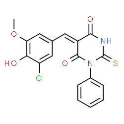 ChemSpider 2D Image | (5Z)-5-(3-Chloro-4-hydroxy-5-methoxybenzylidene)-1-phenyl-2-thioxodihydro-4,6(1H,5H)-pyrimidinedione | C18H13ClN2O4S