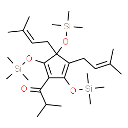 ChemSpider 2D Image | 1-{3,4-Bis(3-methyl-2-buten-1-yl)-2,3,5-tris[(trimethylsilyl)oxy]-1,4-cyclopentadien-1-yl}-2-methyl-1-propanone | C28H52O4Si3