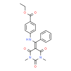 ChemSpider 2D Image | Ethyl 4-{[(1,3-dimethyl-2,4,6-trioxotetrahydro-5(2H)-pyrimidinylidene)(phenyl)methyl]amino}benzoate | C22H21N3O5