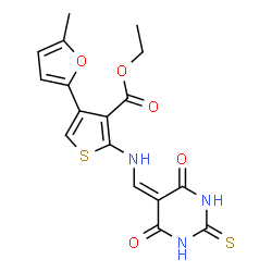ChemSpider 2D Image | Ethyl 2-{[(4,6-dioxo-2-thioxotetrahydro-5(2H)-pyrimidinylidene)methyl]amino}-4-(5-methyl-2-furyl)-3-thiophenecarboxylate | C17H15N3O5S2