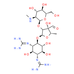 ChemSpider 2D Image | 2,2'-[(1R,2R,3S,4R,5R,6S)-4-({(2xi)-5-Deoxy-2-O-[2-deoxy-2-(methylamino)-alpha-L-glucopyranosyl]-3-C-formyl-alpha-L-threo-pentofuranosyl}oxy)-2,5,6-trihydroxy-1,3-cyclohexanediyl]diguanidine | C21H39N7O12