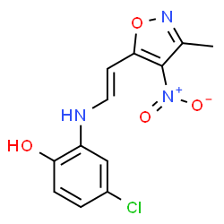 ChemSpider 2D Image | 4-Chloro-2-{[(E)-2-(3-methyl-4-nitro-1,2-oxazol-5-yl)vinyl]amino}phenol | C12H10ClN3O4