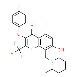 ChemSpider 2D Image | 7-Hydroxy-3-(4-methylphenoxy)-8-[(2-methyl-1-piperidinyl)methyl]-2-(trifluoromethyl)-4H-chromen-4-one | C24H24F3NO4