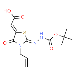 ChemSpider 2D Image | (2Z)-[(2Z)-3-Allyl-2-({[(2-methyl-2-propanyl)oxy]carbonyl}hydrazono)-4-oxo-1,3-thiazolidin-5-ylidene]acetic acid | C13H17N3O5S