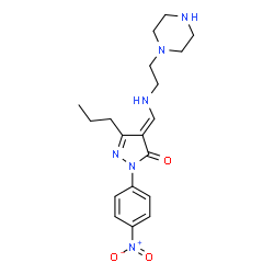 ChemSpider 2D Image | (4E)-2-(4-Nitrophenyl)-4-({[2-(1-piperazinyl)ethyl]amino}methylene)-5-propyl-2,4-dihydro-3H-pyrazol-3-one | C19H26N6O3
