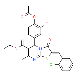 ChemSpider 2D Image | Ethyl (2Z)-5-(4-acetoxy-3-methoxyphenyl)-2-(2-chlorobenzylidene)-7-methyl-3-oxo-2,3-dihydro-5H-[1,3]thiazolo[3,2-a]pyrimidine-6-carboxylate | C26H23ClN2O6S