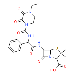 ChemSpider 2D Image | 6-[[[[(4-Ethyl-2,3-dioxo-1-piperazinyl)carbonyl]amino]phenylacetyl]amino]-3,3-dimethyl-7-oxo-4-thia-1-azabicyclo[3.2.0]heptane-2-carboxylic Acid | C23H27N5O7S