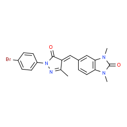ChemSpider 2D Image | 5-{(E)-[1-(4-Bromophenyl)-3-methyl-5-oxo-1,5-dihydro-4H-pyrazol-4-ylidene]methyl}-1,3-dimethyl-1,3-dihydro-2H-benzimidazol-2-one | C20H17BrN4O2