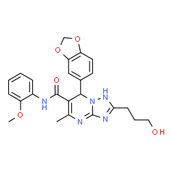 ChemSpider 2D Image | 7-(1,3-Benzodioxol-5-yl)-2-(3-hydroxypropyl)-N-(2-methoxyphenyl)-5-methyl-1,7-dihydro[1,2,4]triazolo[1,5-a]pyrimidine-6-carboxamide | C24H25N5O5