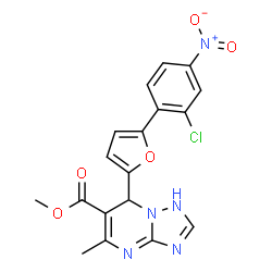 ChemSpider 2D Image | Methyl 7-[5-(2-chloro-4-nitrophenyl)-2-furyl]-5-methyl-1,7-dihydro[1,2,4]triazolo[1,5-a]pyrimidine-6-carboxylate | C18H14ClN5O5