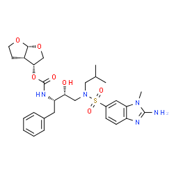 ChemSpider 2D Image | (3R,3aS,6aR)-Hexahydrofuro[2,3-b]furan-3-yl [(2S,3R)-4-{[(2-amino-1-methyl-1H-benzimidazol-6-yl)sulfonyl](isobutyl)amino}-3-hydroxy-1-phenyl-2-butanyl]carbamate | C29H39N5O7S