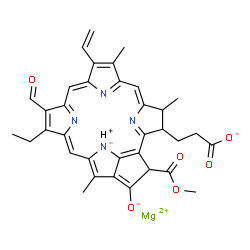 ChemSpider 2D Image | Magnesium hydrogen 3-[14-ethyl-13-formyl-21-(methoxycarbonyl)-4,8,18-trimethyl-20-oxido-9-vinyl-23,25-didehydro-4,21-dihydro-3H-phorbin-23-id-3-yl]propanoate (1:1:1) | C35H32MgN4O6