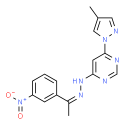 ChemSpider 2D Image | 4-(4-Methyl-1H-pyrazol-1-yl)-6-{(2Z)-2-[1-(3-nitrophenyl)ethylidene]hydrazino}pyrimidine | C16H15N7O2