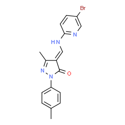ChemSpider 2D Image | (4E)-4-{[(5-Bromo-2-pyridinyl)amino]methylene}-5-methyl-2-(4-methylphenyl)-2,4-dihydro-3H-pyrazol-3-one | C17H15BrN4O