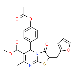 ChemSpider 2D Image | Methyl (2E)-5-(4-acetoxyphenyl)-2-(2-furylmethylene)-7-methyl-3-oxo-2,3-dihydro-5H-[1,3]thiazolo[3,2-a]pyrimidine-6-carboxylate | C22H18N2O6S