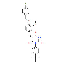 ChemSpider 2D Image | (5E)-5-{4-[(4-Fluorobenzyl)oxy]-3-methoxybenzylidene}-1-[4-(2-methyl-2-propanyl)phenyl]-2,4,6(1H,3H,5H)-pyrimidinetrione | C29H27FN2O5