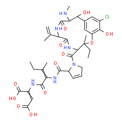 ChemSpider 2D Image | 2-[(2-{[(1-{[14-Chloro-3-ethyl-11,15-dihydroxy-7-isopropenyl-3-methyl-10-(methylamino)-6,9-dioxo-2-oxa-5,8-diazabicyclo[10.3.1]hexadeca-1(16),12,14-trien-4-yl]carbonyl}-2,5-dihydro-1H-pyrrol-2-yl)carb
onyl]amino}-3-methyl-2-pentenoyl)amino]-2-butenedioic acid | C36H45ClN6O12