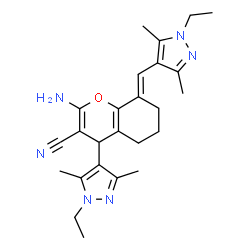 ChemSpider 2D Image | (8E)-2-Amino-4-(1-ethyl-3,5-dimethyl-1H-pyrazol-4-yl)-8-[(1-ethyl-3,5-dimethyl-1H-pyrazol-4-yl)methylene]-5,6,7,8-tetrahydro-4H-chromene-3-carbonitrile | C25H32N6O