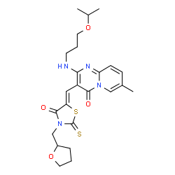 ChemSpider 2D Image | 2-[(3-Isopropoxypropyl)amino]-7-methyl-3-{(Z)-[4-oxo-3-(tetrahydro-2-furanylmethyl)-2-thioxo-1,3-thiazolidin-5-ylidene]methyl}-4H-pyrido[1,2-a]pyrimidin-4-one | C24H30N4O4S2