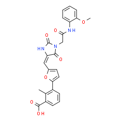 ChemSpider 2D Image | 3-{5-[(E)-(1-{2-[(2-Methoxyphenyl)amino]-2-oxoethyl}-2,5-dioxo-4-imidazolidinylidene)methyl]-2-furyl}-2-methylbenzoic acid | C25H21N3O7