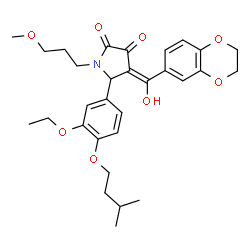 ChemSpider 2D Image | (4E)-4-[2,3-Dihydro-1,4-benzodioxin-6-yl(hydroxy)methylene]-5-[3-ethoxy-4-(3-methylbutoxy)phenyl]-1-(3-methoxypropyl)-2,3-pyrrolidinedione | C30H37NO8