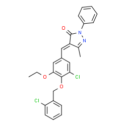 ChemSpider 2D Image | (4E)-4-{3-Chloro-4-[(2-chlorobenzyl)oxy]-5-ethoxybenzylidene}-5-methyl-2-phenyl-2,4-dihydro-3H-pyrazol-3-one | C26H22Cl2N2O3