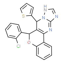 ChemSpider 2D Image | 6-(2-Chlorophenyl)-7-(2-thienyl)-7,9-dihydro-6H-chromeno[4,3-d][1,2,4]triazolo[1,5-a]pyrimidine | C22H15ClN4OS