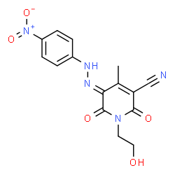 ChemSpider 2D Image | (5E)-1-(2-Hydroxyethyl)-4-methyl-5-[(4-nitrophenyl)hydrazono]-2,6-dioxo-1,2,5,6-tetrahydro-3-pyridinecarbonitrile | C15H13N5O5