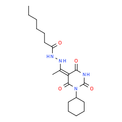 ChemSpider 2D Image | N'-[(1E)-1-(1-Cyclohexyl-2,4,6-trioxotetrahydro-5(2H)-pyrimidinylidene)ethyl]heptanehydrazide | C19H30N4O4
