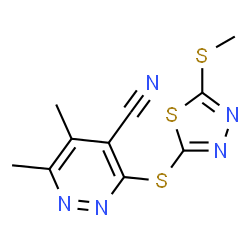 ChemSpider 2D Image | 5,6-Dimethyl-3-{[5-(methylsulfanyl)-1,3,4-thiadiazol-2-yl]sulfanyl}-4-pyridazinecarbonitrile | C10H9N5S3