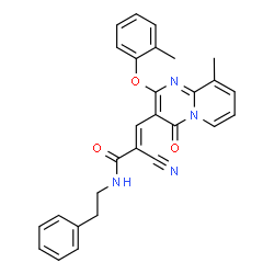 ChemSpider 2D Image | (2E)-2-Cyano-3-[9-methyl-2-(2-methylphenoxy)-4-oxo-4H-pyrido[1,2-a]pyrimidin-3-yl]-N-(2-phenylethyl)acrylamide | C28H24N4O3