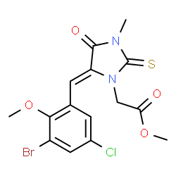 ChemSpider 2D Image | Methyl [(5Z)-5-(3-bromo-5-chloro-2-methoxybenzylidene)-3-methyl-4-oxo-2-thioxo-1-imidazolidinyl]acetate | C15H14BrClN2O4S