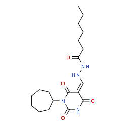 ChemSpider 2D Image | N'-[(Z)-(1-Cycloheptyl-2,4,6-trioxotetrahydro-5(2H)-pyrimidinylidene)methyl]heptanehydrazide | C19H30N4O4