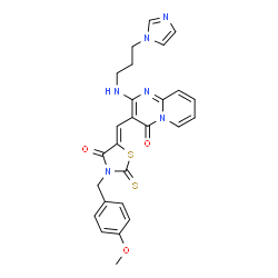 ChemSpider 2D Image | 2-{[3-(1H-Imidazol-1-yl)propyl]amino}-3-{(Z)-[3-(4-methoxybenzyl)-4-oxo-2-thioxo-1,3-thiazolidin-5-ylidene]methyl}-4H-pyrido[1,2-a]pyrimidin-4-one | C26H24N6O3S2