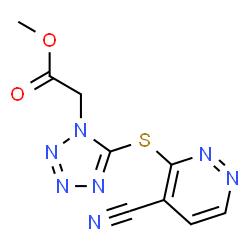 ChemSpider 2D Image | Methyl {5-[(4-cyano-3-pyridazinyl)sulfanyl]-1H-tetrazol-1-yl}acetate | C9H7N7O2S