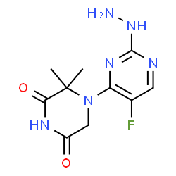 ChemSpider 2D Image | 4-(5-Fluoro-2-hydrazino-4-pyrimidinyl)-3,3-dimethyl-2,6-piperazinedione | C10H13FN6O2
